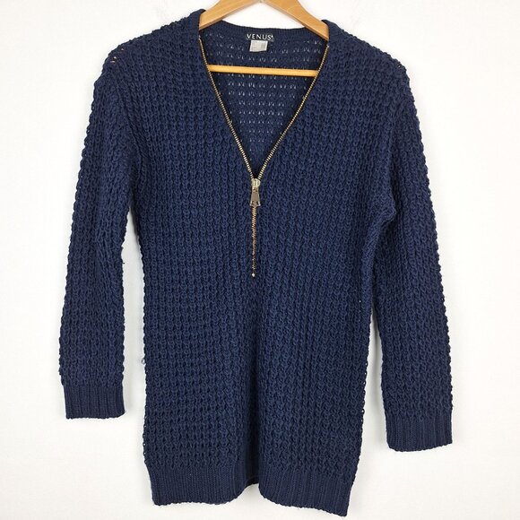 Venus Zip Front Sweater Size S. Navy Blue Long Sleeve Waffle Knit Pullover - Picture 1 of 6